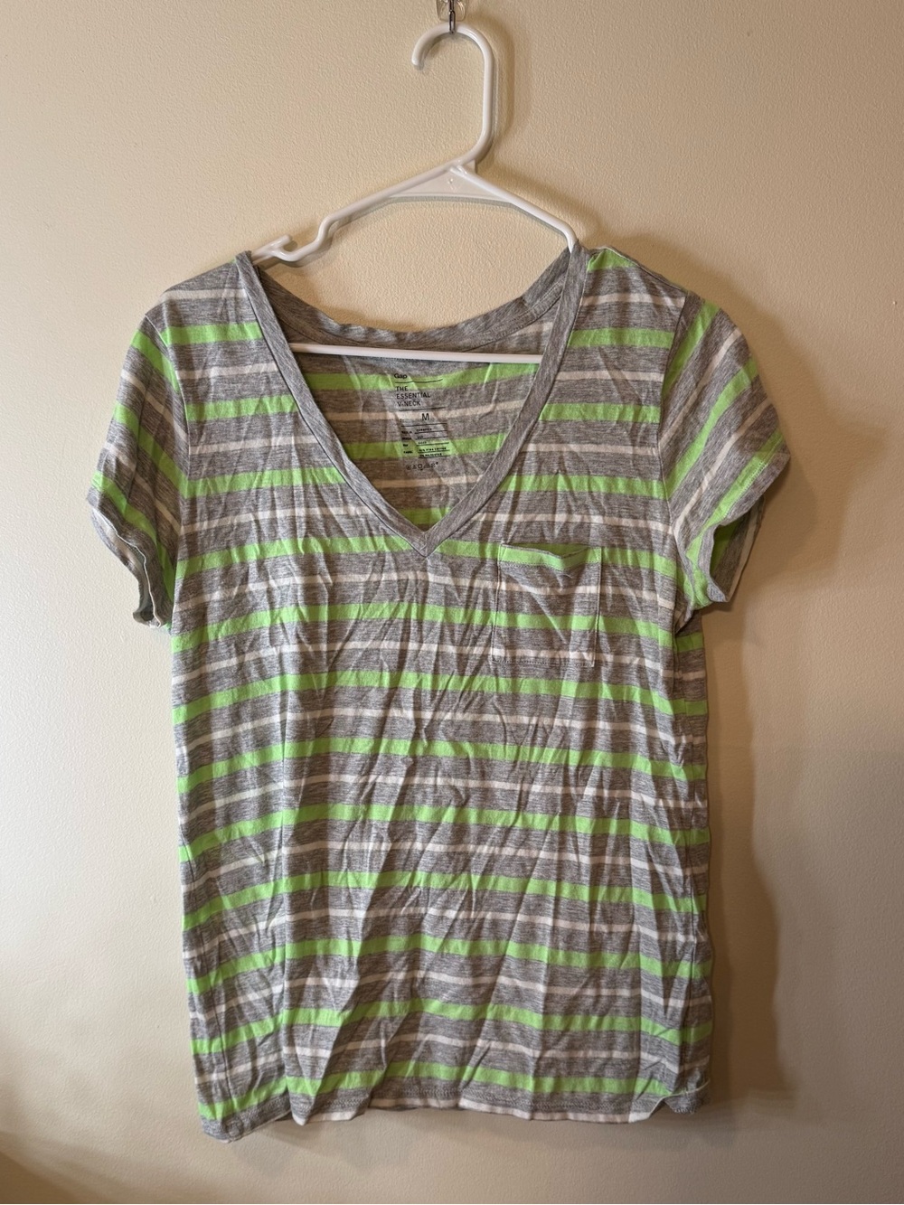 GAP Gray and Lime Green Striped V-Neck Tee